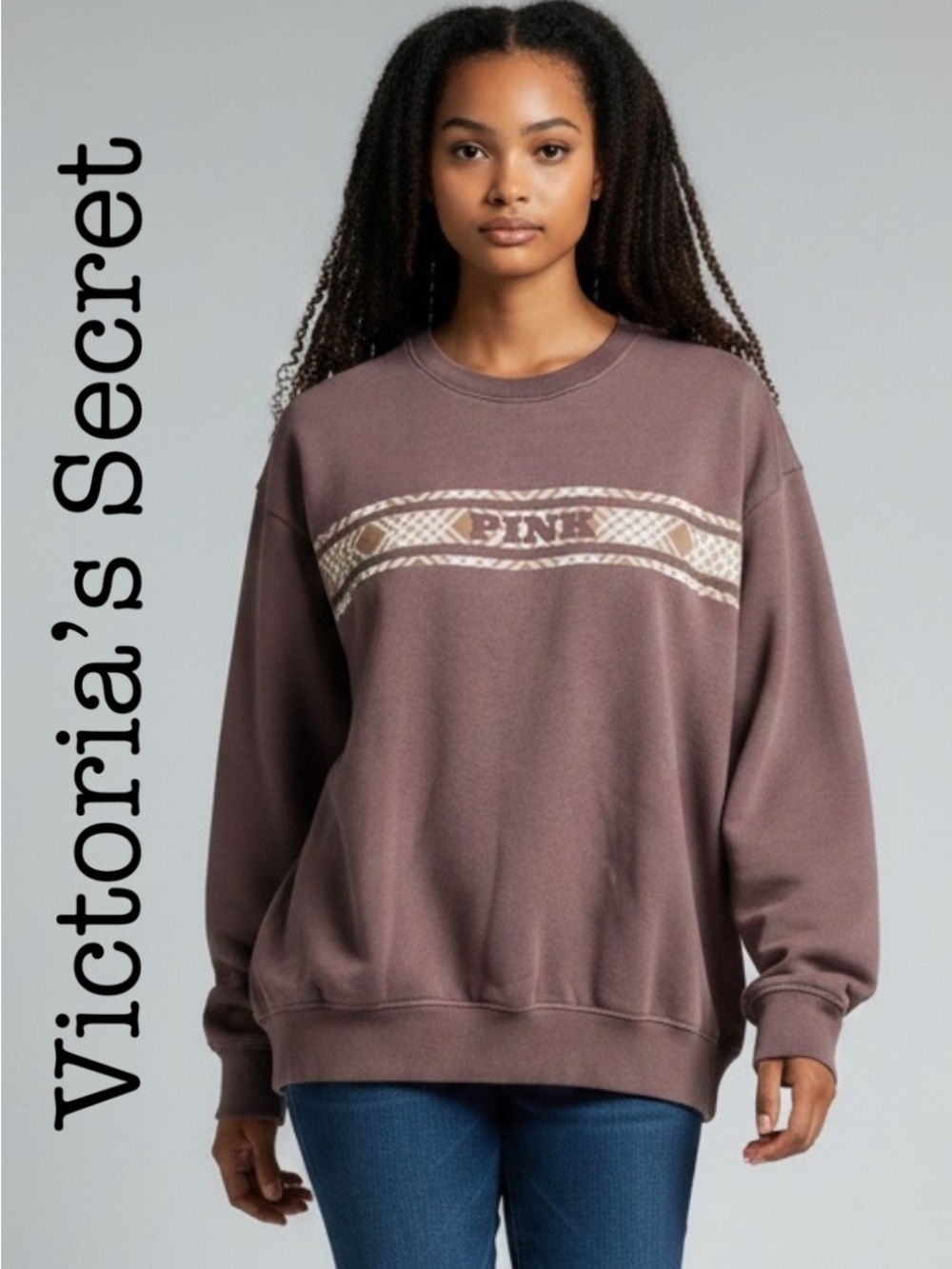 Victoria's Secret PINK Tan Cozy Crewneck Fleece Sweater Size Medium